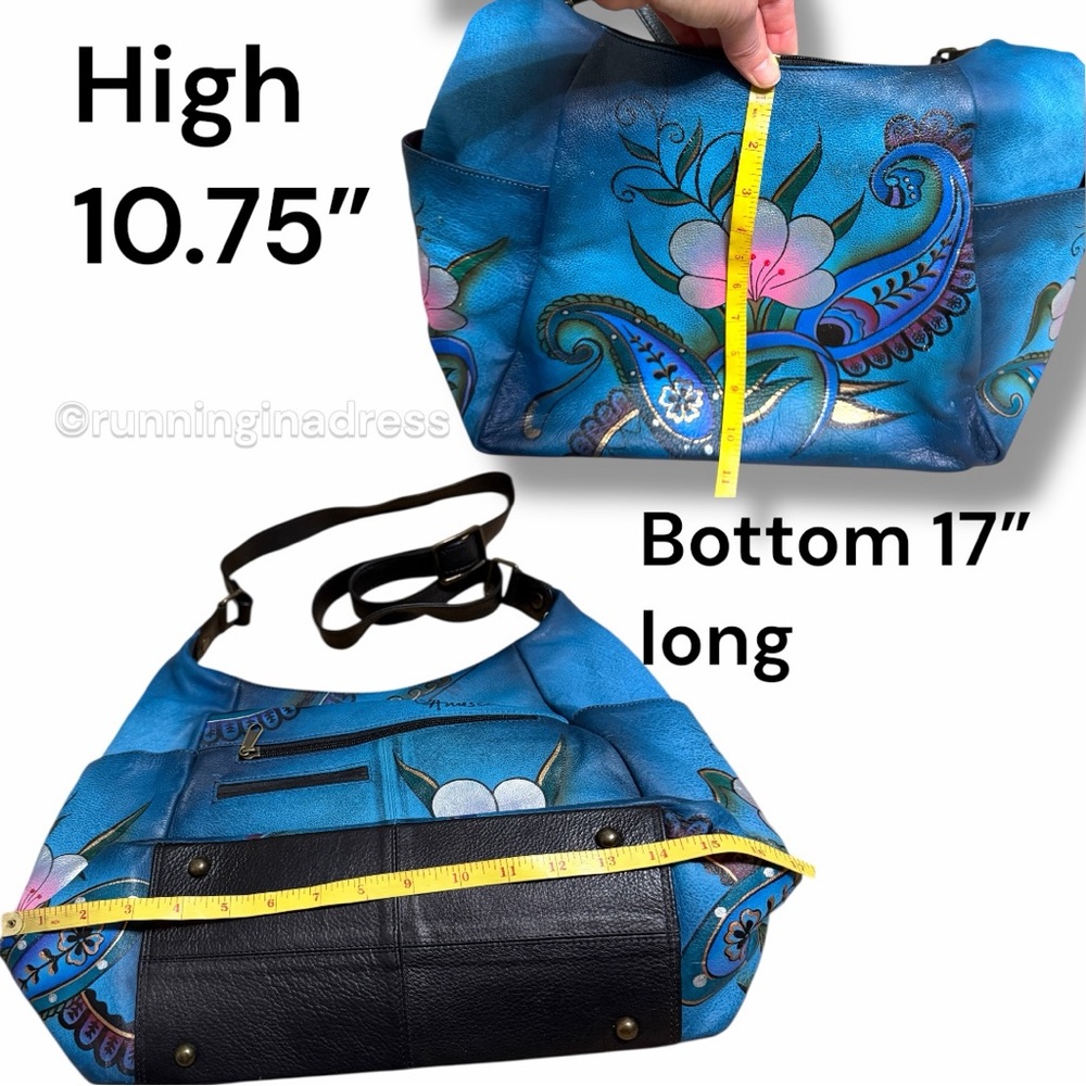 NEW Anuschka Hand Painted Large Multi Pocket Hobo Handbag Denim Paisley Floral - Picture 13 of 16